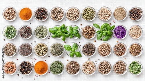 Diverse Collection of Spices and Herbs in Bowls