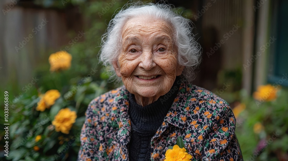 Smiling elderly woman with white hair sits among vibrant flowers in a sunny garden, showcasing joy and warmth in a tranquil setting Smiling elderly woman with white hair sits among vibrant flowers in a sunny garden, showcasing joy and warmth in a tranquil setting