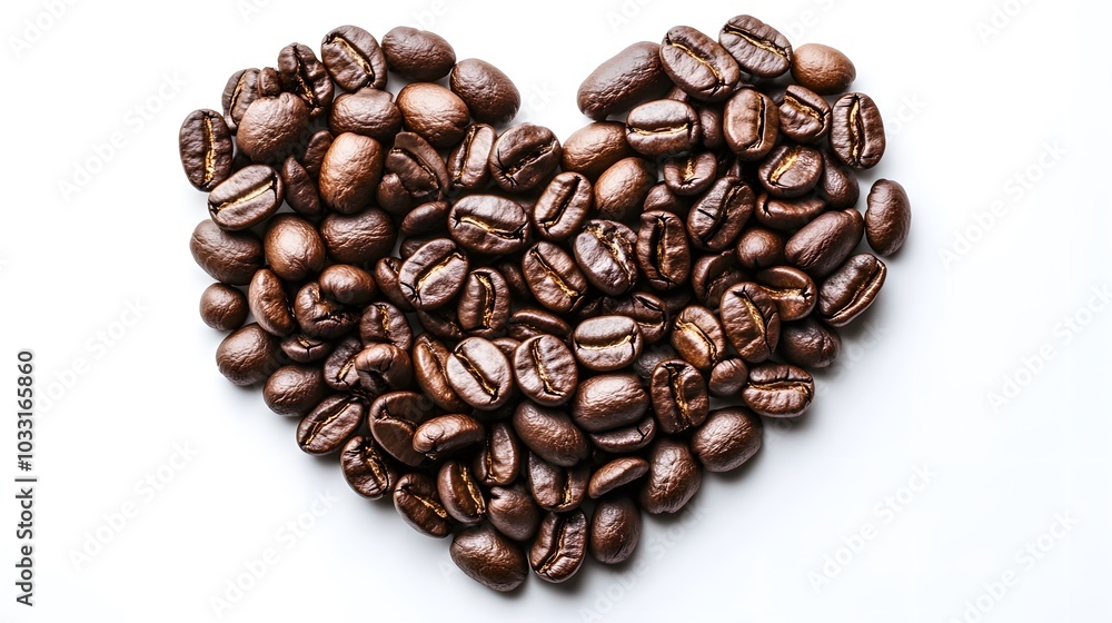 Heart shape of roasted coffee beans isolated on a white background. Heart shape of roasted coffee beans isolated on a white background.