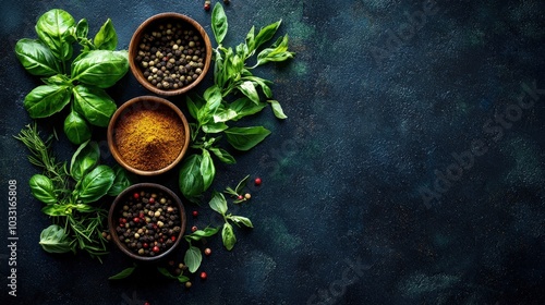 Fresh Herbs and Spices in Rustic Bowls