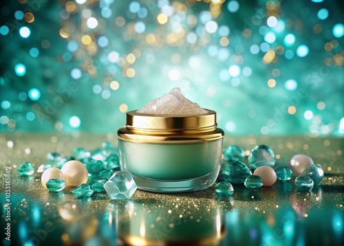 Sparkling Turquoise Cream Jar with Gold Accents on a Glittering Surface