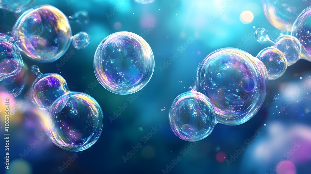 A Collection of Iridescent Soap Bubbles Floating Against a Blurred Blue Background A Collection of Iridescent Soap Bubbles Floating Against a Blurred Blue Background