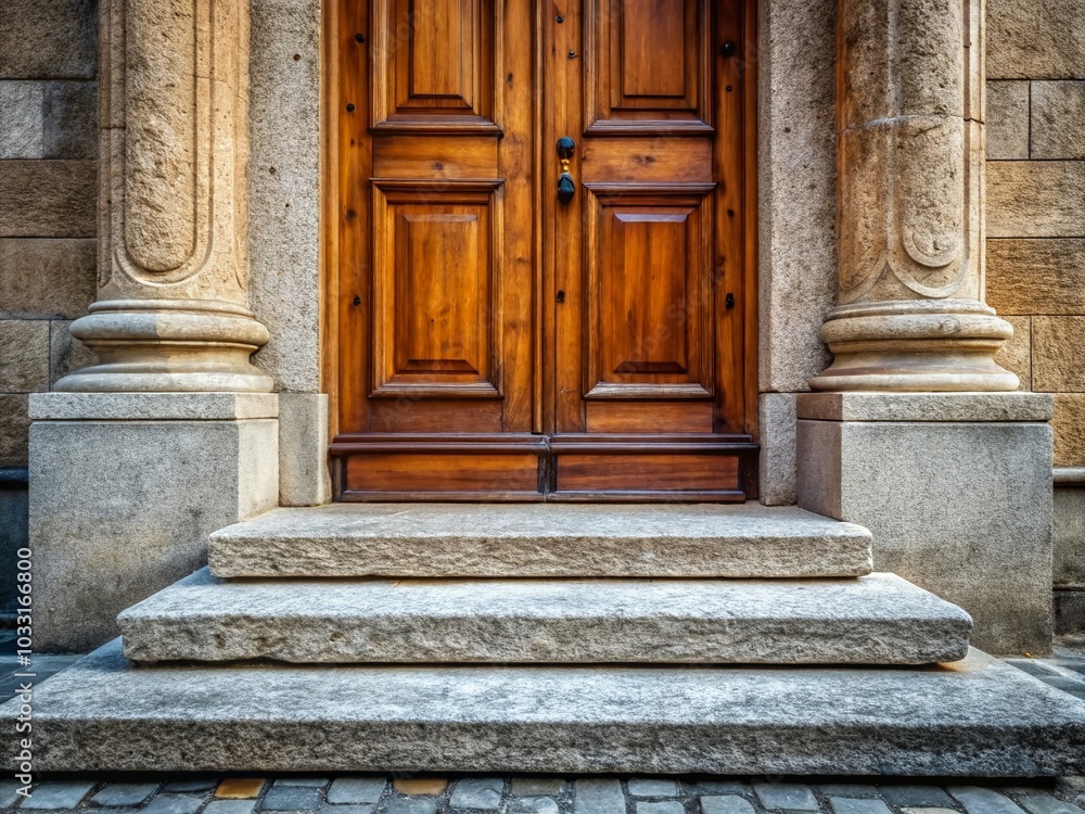 Stone Threshold with Wooden Foot Mat at Old Architectural Entrance Door - High Depth of Field Image Stone Threshold with Wooden Foot Mat at Old Architectural Entrance Door - High Depth of Field Image