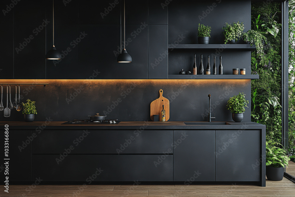 Corner of minimalistic kitchen with dark gray walls, tiled floor Corner of minimalistic kitchen with dark gray walls, tiled floor