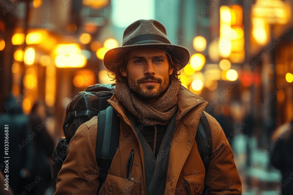 A man in a stylish outfit stands in a bustling street with warm lights in the background. A man in a stylish outfit stands in a bustling street with warm lights in the background.