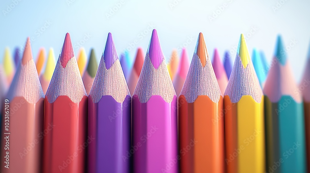 Collection of colorful pencils arranged neatly on a solid white background. 3D render. highly detailed, high resolution for magazine. Full HD, photo reality Collection of colorful pencils arranged neatly on a solid white background. 3D render. highly detailed, high resolution for magazine. Full HD, photo reality