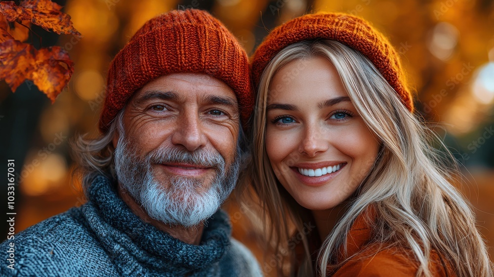 Happy couple enjoying a beautiful autumn day in the park, wearing matching orange beanies and smiling against a backdrop of colorful foliage Happy couple enjoying a beautiful autumn day in the park, wearing matching orange beanies and smiling against a backdrop of colorful foliage