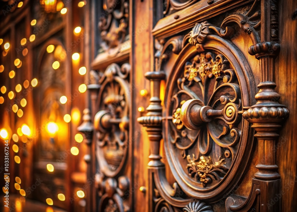 Stunning 19th Century Wooden Carved Door with Metal Ornaments in Bokeh Effect Stunning 19th Century Wooden Carved Door with Metal Ornaments in Bokeh Effect