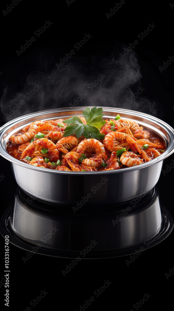 crawfish in a hot pot, full of red sauce . AI generative. crawfish in a hot pot, full of red sauce . AI generative.