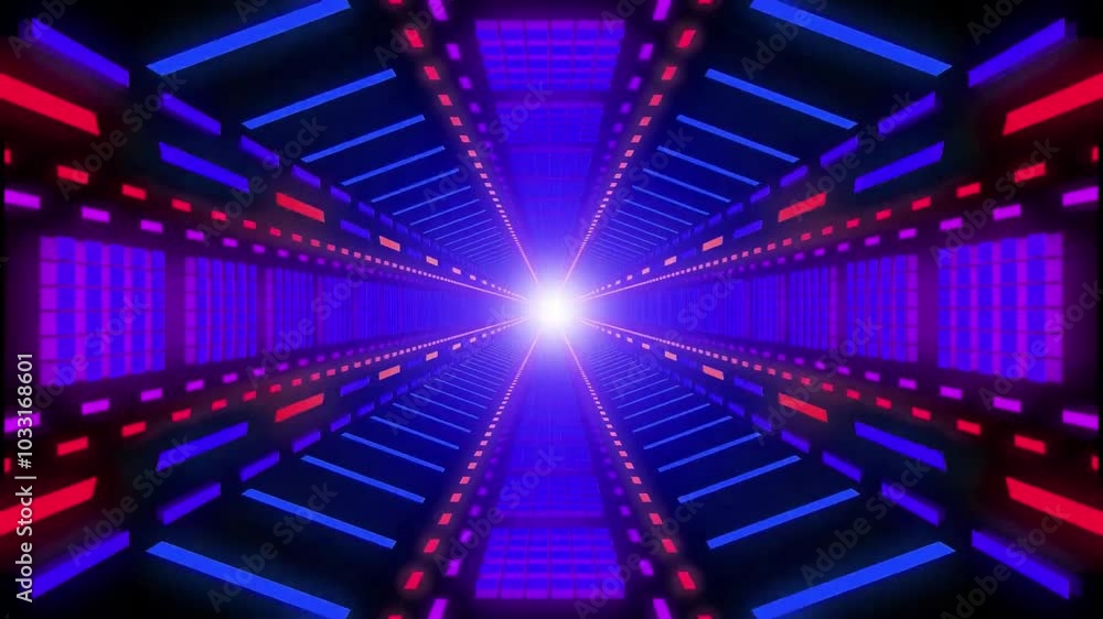 A bright blue and pink neon light tunnel with glowing squares. A bright blue and pink neon light tunnel with glowing squares.