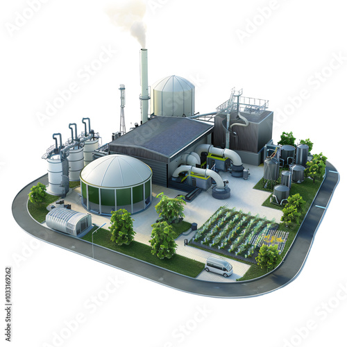 3D model of a biogas plant converting waste to energy, ultra-sharp and clear, isolated on white background
