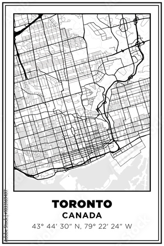 Black and white printable Street map art Toronto city, Canada. Travel poster with coordinates, poster design, Modern Poster Wall Art Home Decor Ready to Printable