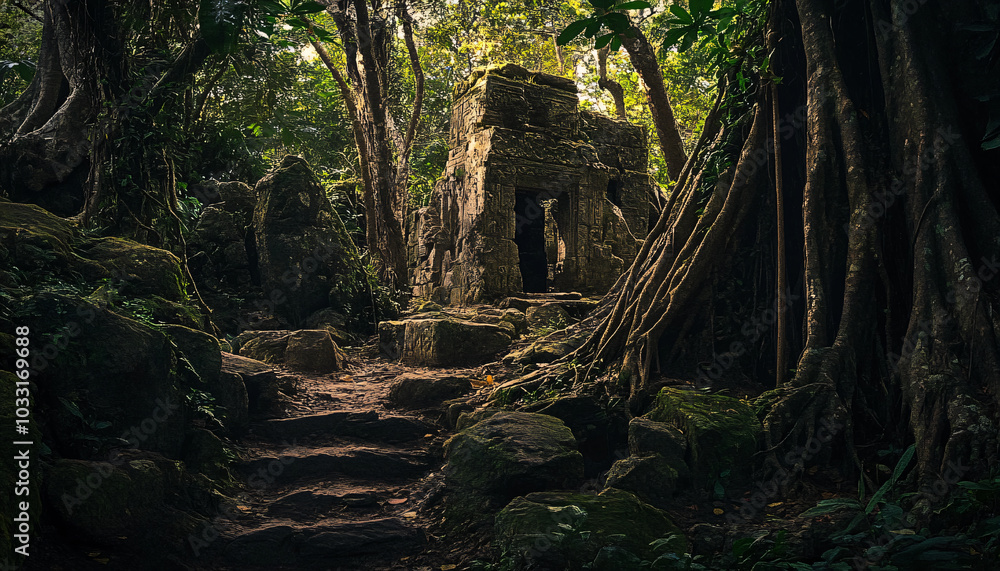 A dense rainforest where every stone whispers softly A dense rainforest where every stone whispers softly