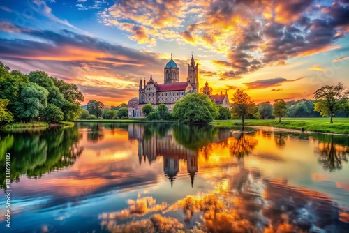 Stunning HDR View of Old Cathedral by Serene Lake in a Square Frame