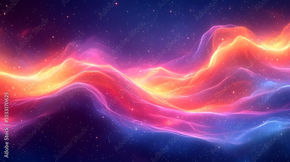 Abstract wavy glowing neon lights with pink, orange, and blue colors on a dark blue background with twinkling particles. Abstract wavy glowing neon lights with pink, orange, and blue colors on a dark blue background with twinkling particles.