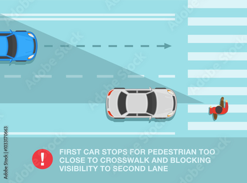 Safe driving tips and traffic regulation rules. Top view of a pedestrian crossing the simple crosswalk. First car blocking the visibility to the second car. Flat vector illustration template.