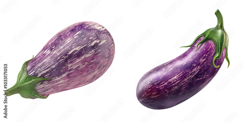 3D illustration of a purple eggplant with a green cap, ultra-sharp and clear, isolated on white background 3D illustration of a purple eggplant with a green cap, ultra-sharp and clear, isolated on white background