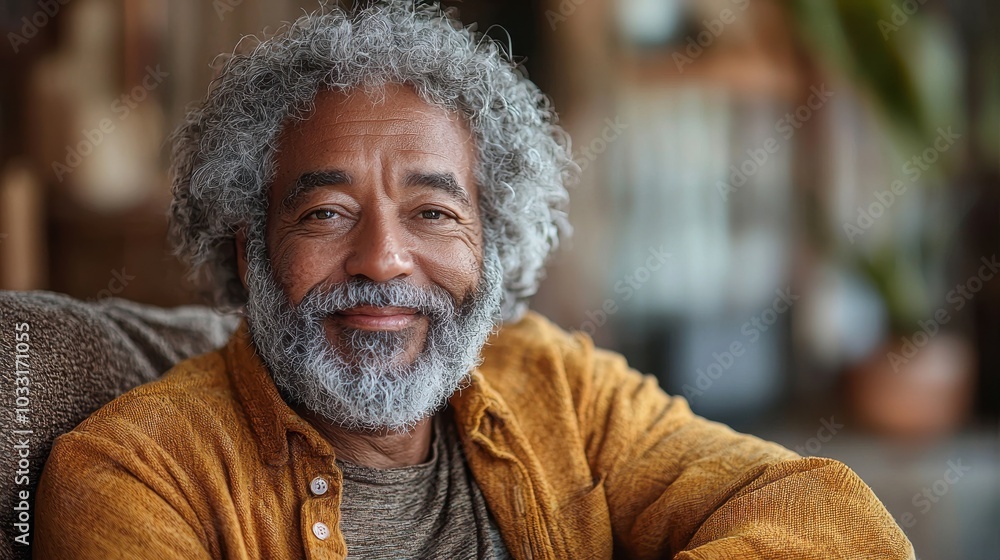 A smiling older man with curly gray hair and a beard relaxing comfortably at home in warm light during the afternoon A smiling older man with curly gray hair and a beard relaxing comfortably at home in warm light during the afternoon