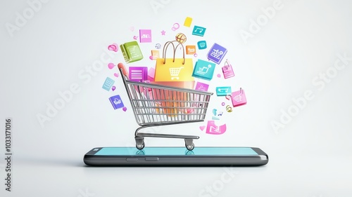 Abstract 3D model of a smartphone with exploding icons of shopping, discounts and digital payment solutions, pastel theme