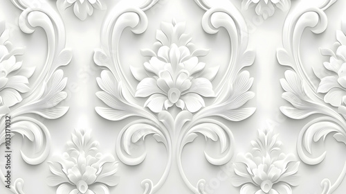 Ornate white floral relief design, suitable for wallpaper or decorative surfaces.