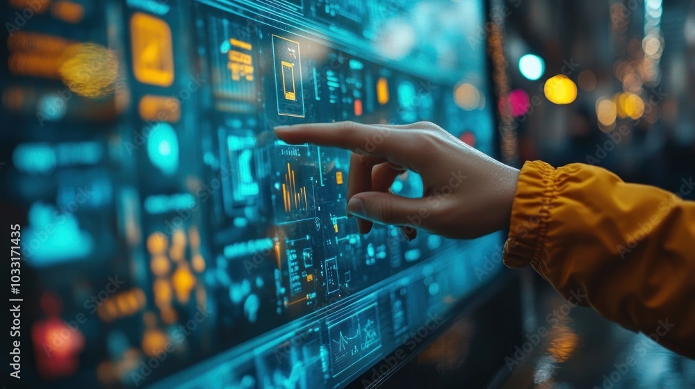 A hand interacts with a digital interface displaying data and graphics. A hand interacts with a digital interface displaying data and graphics.
