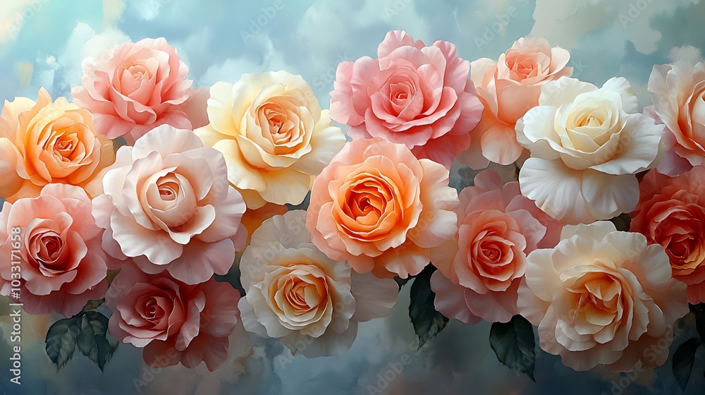 A beautiful arrangement of pink, peach, and white roses with green leaves against a soft blue and white cloudy background. A beautiful arrangement of pink, peach, and white roses with green leaves against a soft blue and white cloudy background.