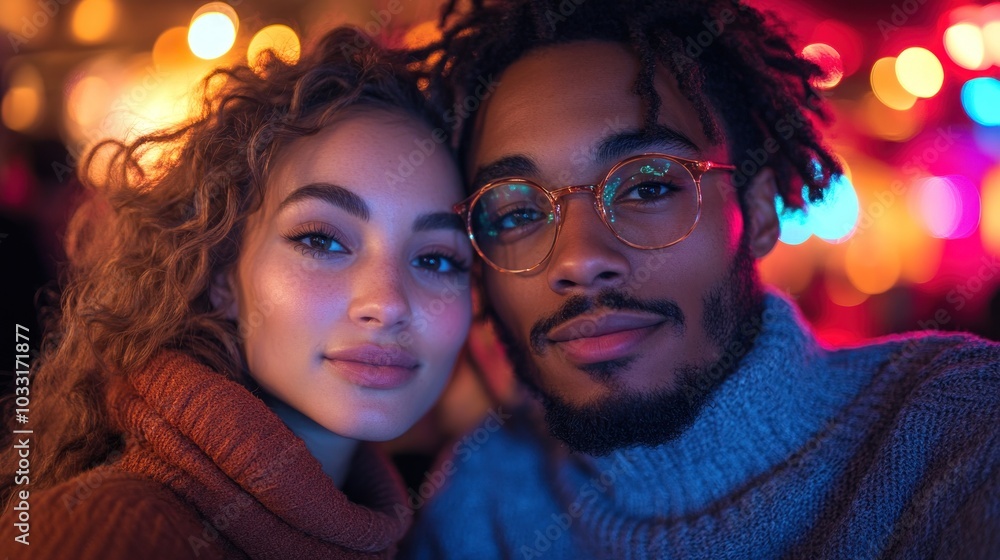 A couple smiles together in a cozy, colorful setting, capturing a warm moment. A couple smiles together in a cozy, colorful setting, capturing a warm moment.