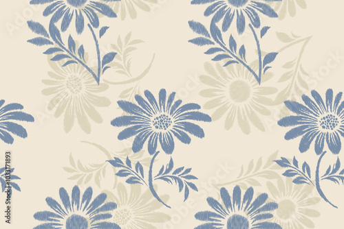 Seamless floral Ikat and damask pattern with blue and beige flowers on cream background. Vintage textile fabric design perfect for wallpaper, upholstery, and interior decor.