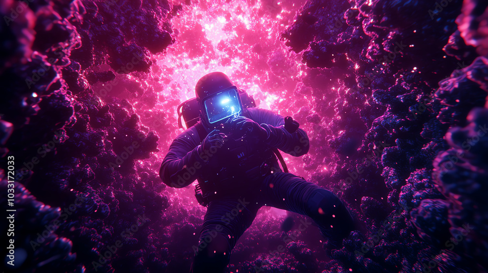 A diver exploring an enchanting underwater world illuminated by vibrant pink hues, capturing the beauty of marine life and surroundings. A diver exploring an enchanting underwater world illuminated by vibrant pink hues, capturing the beauty of marine life and surroundings.