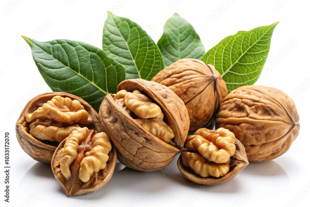 Walnuts with leaves, isolated on white background Walnuts with leaves, isolated on white background