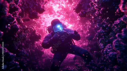 A diver exploring an enchanting underwater world illuminated by vibrant pink hues, capturing the beauty of marine life and surroundings.