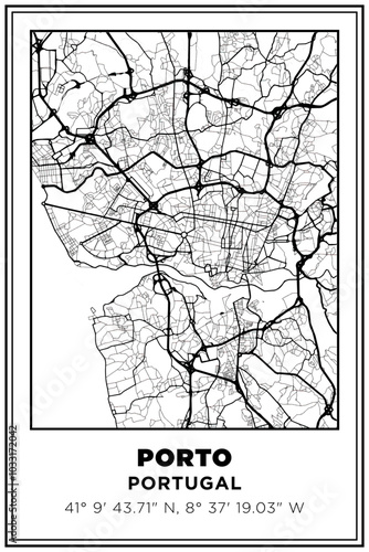 Black and white printable Street map art Porto city, Portugal. Travel poster with coordinates, poster design, Modern Poster Wall Art Home Decor Ready to Printable