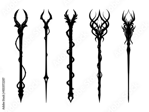 set of mage wand silhouettes on isolated background