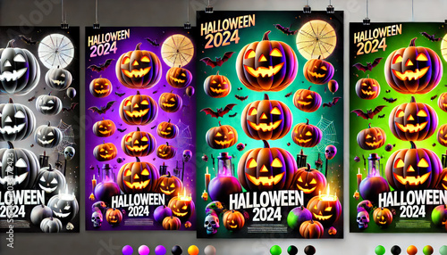 Colorful Halloween 2024 Posters with Pumpkins and Bats 