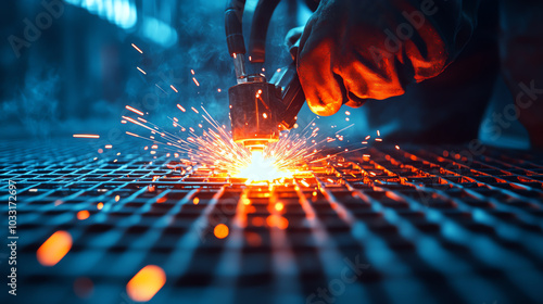 A skilled worker utilizing a welding torch, creating sparks in a dark industrial environment, showcasing the process of metal fabrication.
