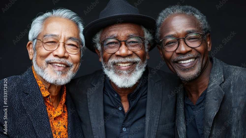 Three older men smiling together in casual attire against a dark background, capturing a moment of friendship and joy Three older men smiling together in casual attire against a dark background, capturing a moment of friendship and joy