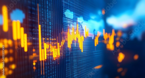 Wallpaper Mural A stock market chart going up, with a blue background. Stock candlestick charts feature yellow and orange lines moving upward, Torontodigital.ca
