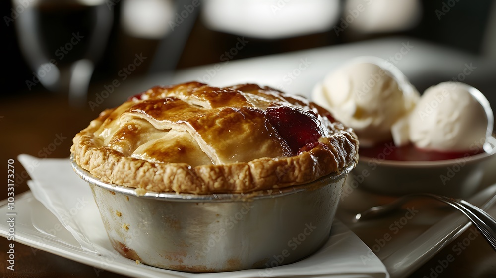 A classic apple pie, with a golden, flaky crust and a side of vanilla ice cream.
A classic apple pie, with a golden, flaky crust and a side of vanilla ice cream.