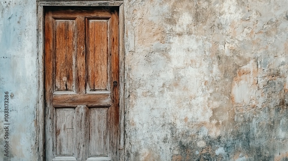Weathered Wooden Door on a Distressed Wall Weathered Wooden Door on a Distressed Wall