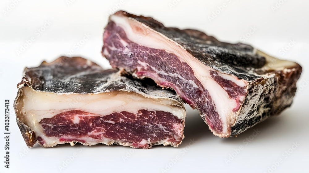 Obraz premium Guanciale, dry cured pork cheek isolated on white background. 
