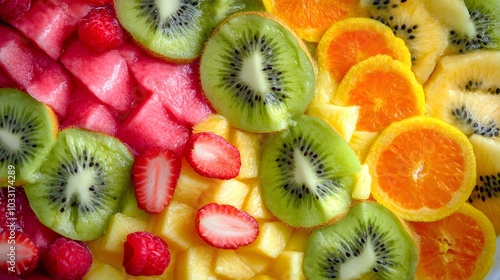 A colorful smoothie bowl, with tropical fruits arranged in a beautiful pattern.