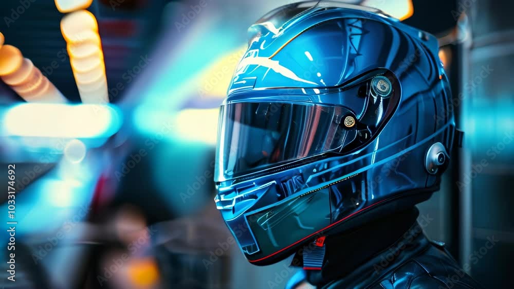 A close-up of a racer wearing a blue helmet in a vibrant racing environment at dusk A close-up of a racer wearing a blue helmet in a vibrant racing environment at dusk