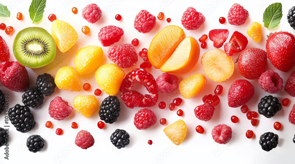 different fruits flying isolated on white bg different fruits flying isolated on white bg