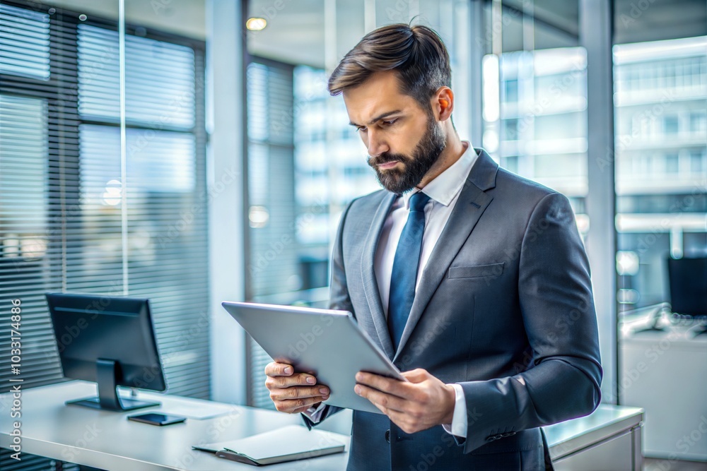 Caucasian businessman analyzing tablet highlighting cybersecurity concerns Caucasian businessman analyzing tablet highlighting cybersecurity concerns