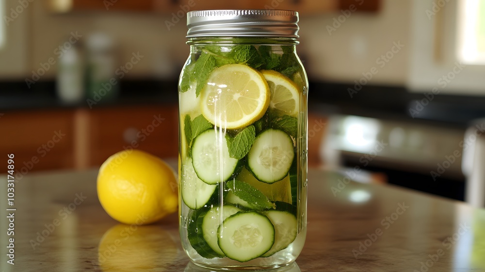 A detox water jar, infused with cucumber, lemon slices, and fresh mint.
A detox water jar, infused with cucumber, lemon slices, and fresh mint.