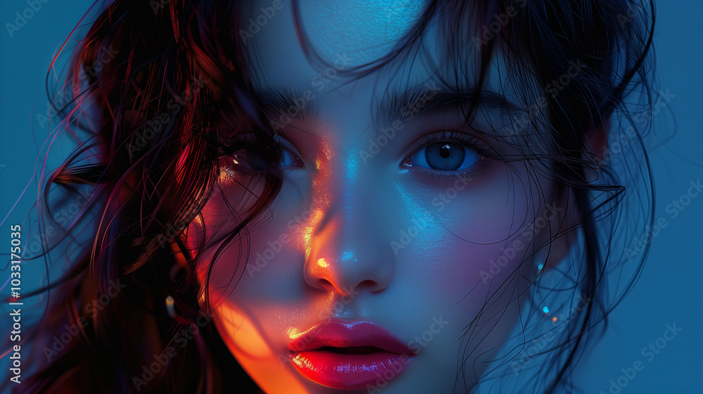 A close-up of a young woman with blue eyes and full lips against a blue background illuminated by the sunset A close-up of a young woman with blue eyes and full lips against a blue background illuminated by the sunset