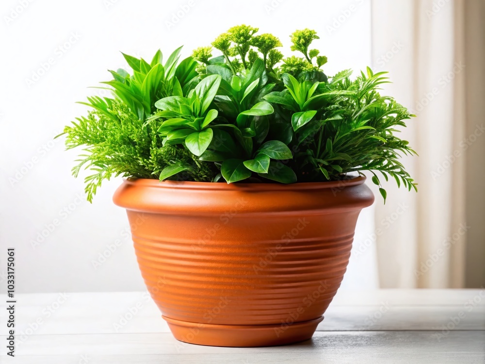 Fototapeta premium Terracotta Flowerpot with Houseplant for Spring Interior Decor