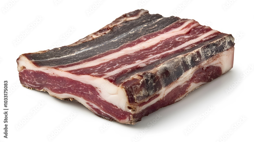 Guanciale, dry cured pork cheek isolated on white background. Guanciale, dry cured pork cheek isolated on white background.