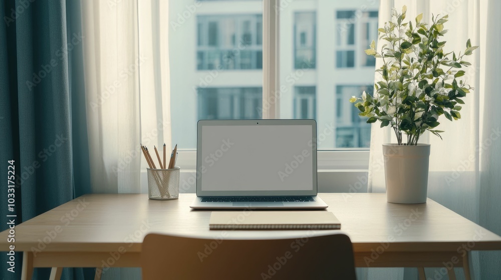 Cozy and Productive Home Office Setup with Laptop and Notepad Placed on Wooden Desk Bathed in Natural Window Light for Remote Work Freelancing or Study Cozy and Productive Home Office Setup with Laptop and Notepad Placed on Wooden Desk Bathed in Natural Window Light for Remote Work Freelancing or Study