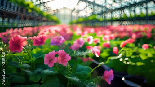 Exploring a vibrant greenhouse filled with blooming pink flowers during a sunny afternoon